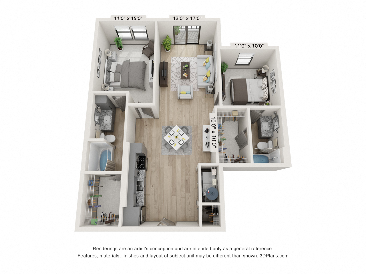 Floor plan for 2 beds, 2 baths, 1114 sqft